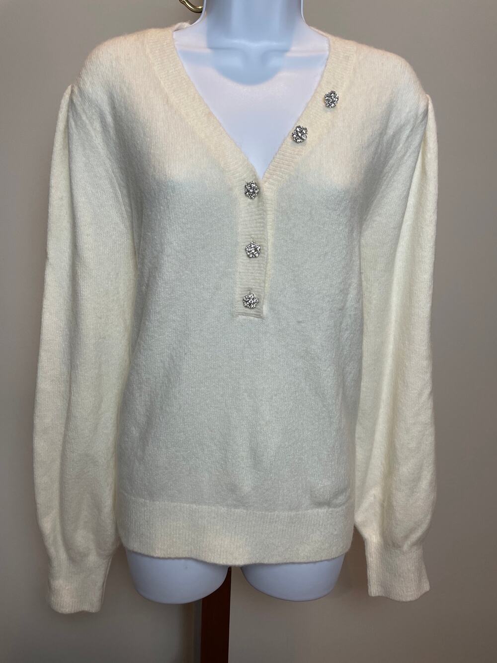 Loft Fuzzy Rhinestone V Neck Sweater Size L Cream Puff Sleeve